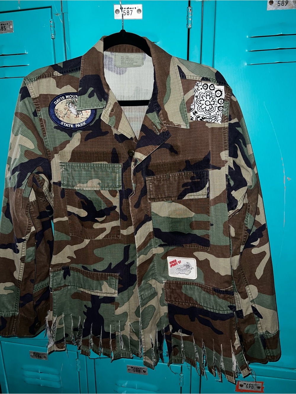 Repurposed camo jacket with patches